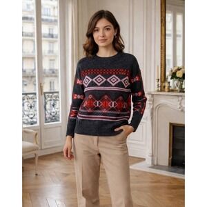 J Crew Women Sz Sm Fair Isle Geometric Aztec Wool Mohair Crew Sweater Gray Pink